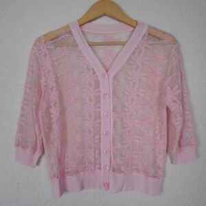 Cottagecore Coquette Pink Lace Cardigan Sheer Sz Medium Boho Grandma GIrly